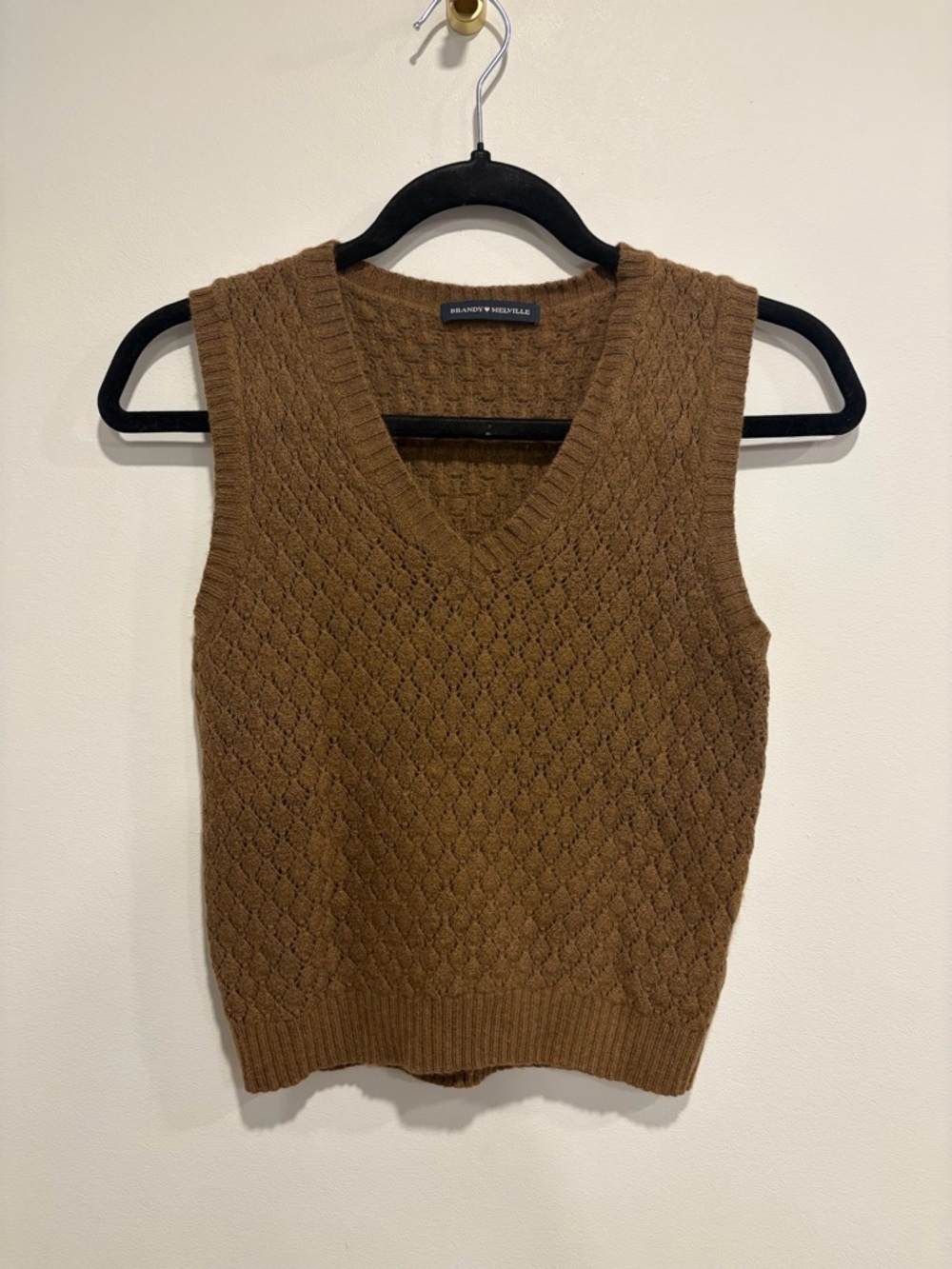 Brandy Melville Brown Cable Knit Sweater Vest Wool Cashmere V-Neck One Size XS S - Picture 2 of 8